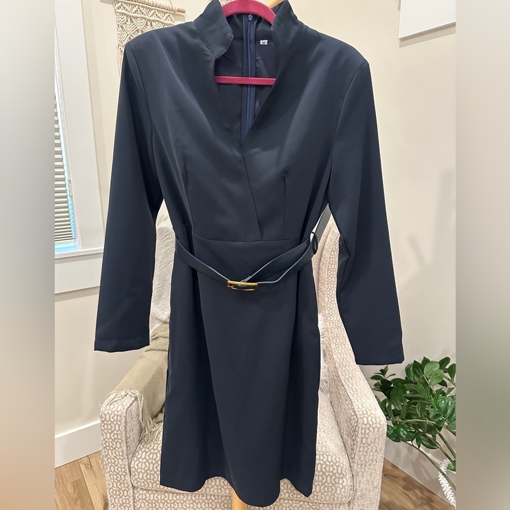 Navy Blue Belted Long Sleeve Midi Dress Women’s Small / Medium - Picture 2 of 6